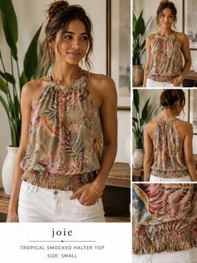 Joie Smocked Hem Leaf Print Halter Blouse | Effortless Boho Chic